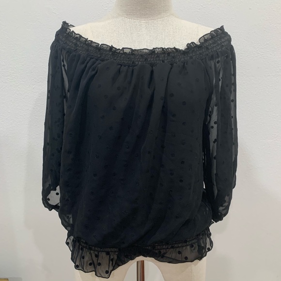 BCX black polka dot silky off shoulder top - Picture 2 of 10